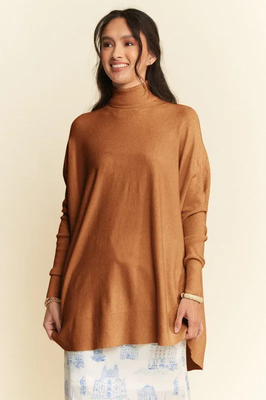 Brown High-Low Turtleneck Long Sleeve Knit Top