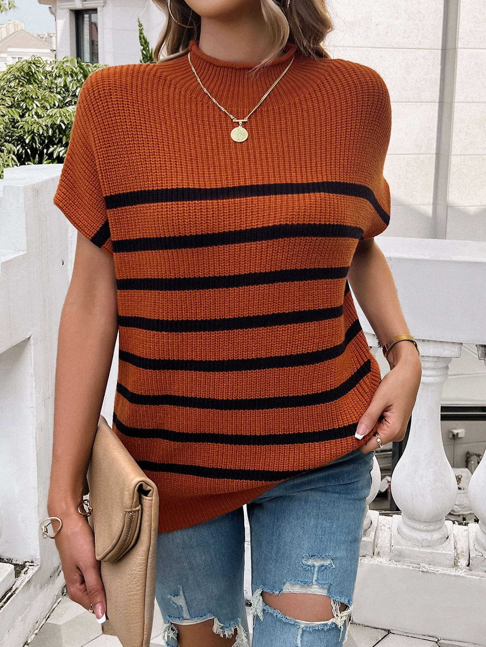Brown High Neck Striped Top