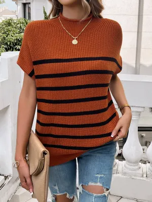 Brown High Neck Striped Top