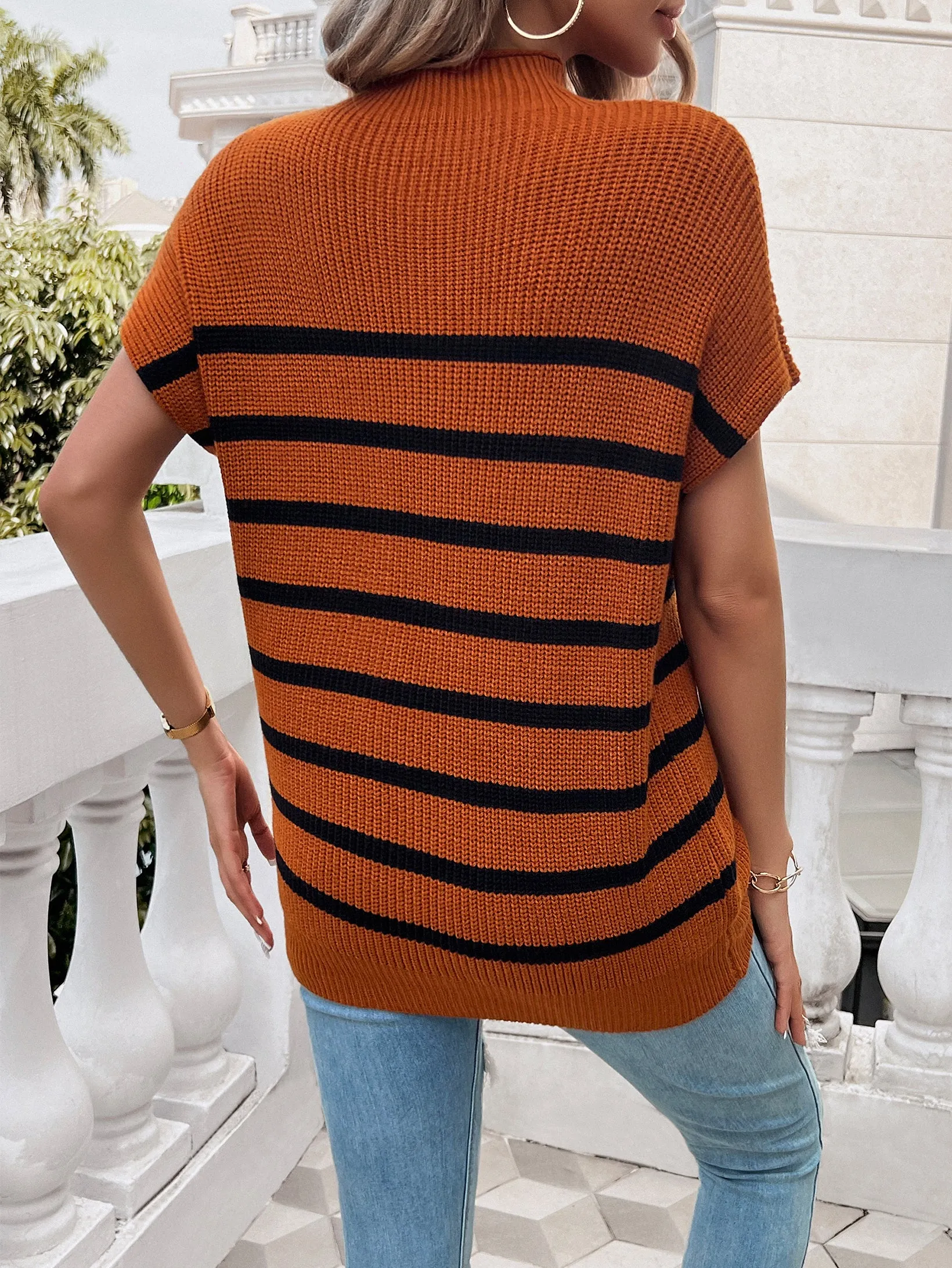 Brown High Neck Striped Top