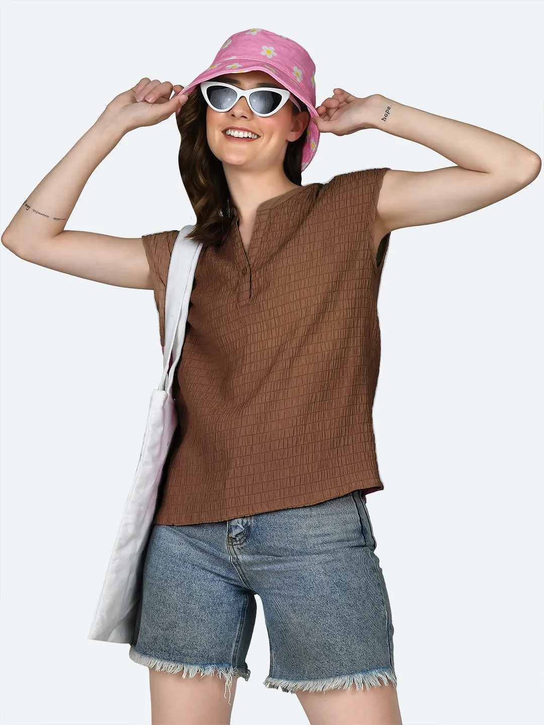 Brown Self Design Round Neck Top