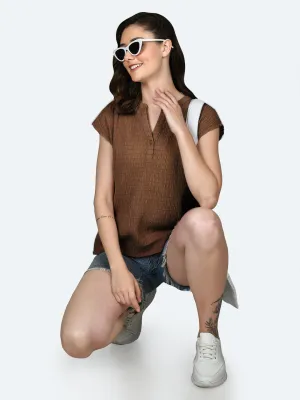 Brown Self Design Round Neck Top