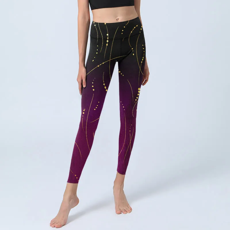 Buddha Stones Abstract Gradient Thin And Long Gold Line Pattern Print Gym Leggings Women's Yoga Pants