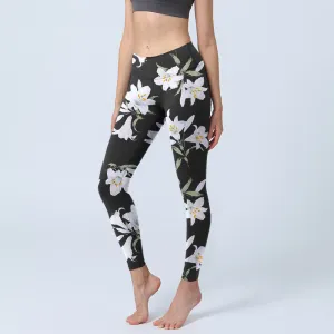 Buddha Stones Black Lily Flower Leaf Pattern Print Gym Leggings Women's Yoga Pants