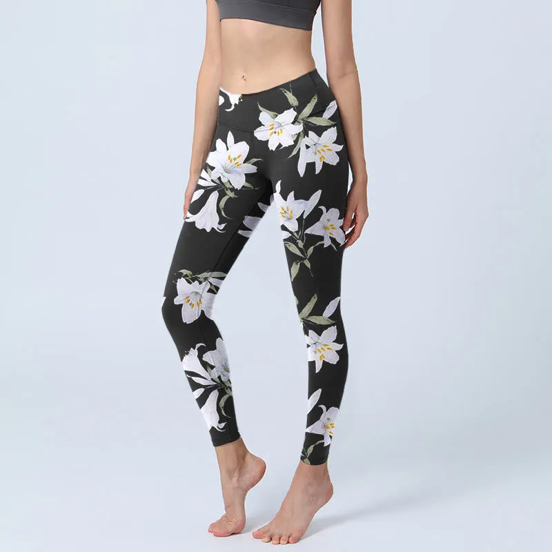 Buddha Stones Black Lily Flower Leaf Pattern Print Gym Leggings Women's Yoga Pants
