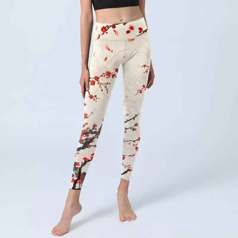 Buddha Stones Blooming Red Plum Blossoms Print Gym Leggings Women's Yoga Pants