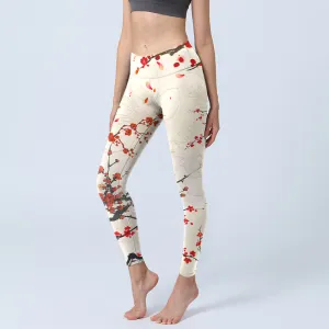 Buddha Stones Blooming Red Plum Blossoms Print Gym Leggings Women's Yoga Pants