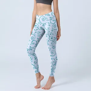 Buddha Stones Blue Vine Leaves Print Gym Leggings Women's Yoga Pants