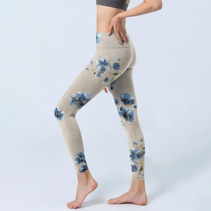 Buddha Stones Dark Blue Flower Gym Leggings Women's Yoga Pants