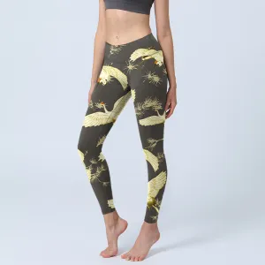 Buddha Stones Flying Red-crowned Crane Branch Pine Needles Pattern Print Gym Leggings Women's Yoga Pants