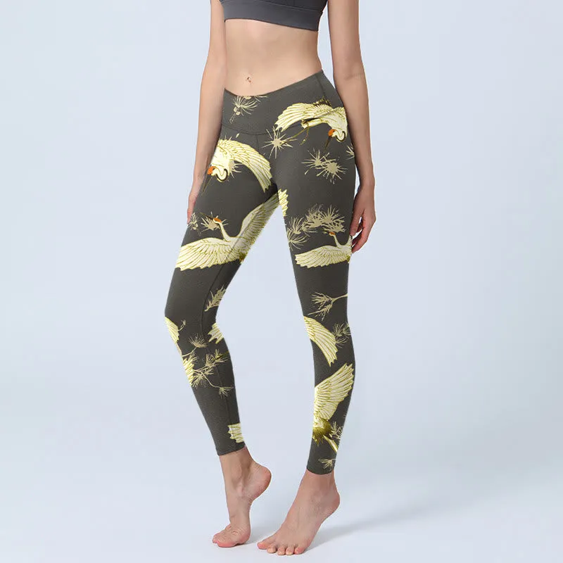 Buddha Stones Flying Red-crowned Crane Branch Pine Needles Pattern Print Gym Leggings Women's Yoga Pants