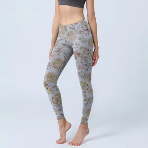Buddha Stones Grey Green Leaves Flowers Print Gym Leggings Women's Yoga Pants