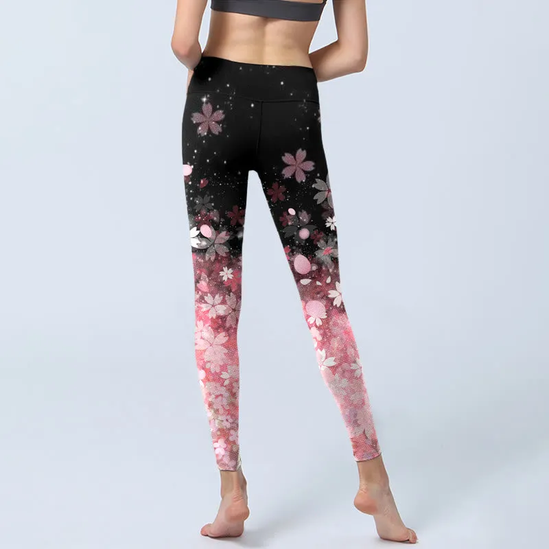 Buddha Stones Pink Cherry Blossoms Print Exercise Leggings Women's Yoga Pants