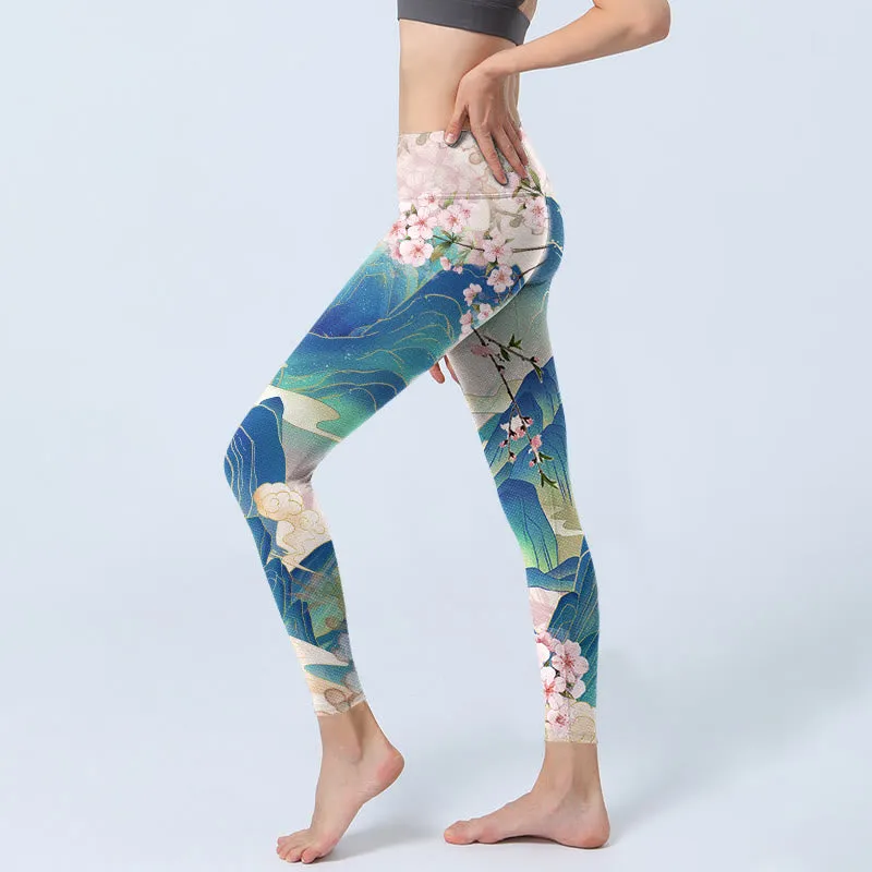 Buddha Stones Plum Blossoms Mountains Print Gym Leggings Women's Yoga Pants