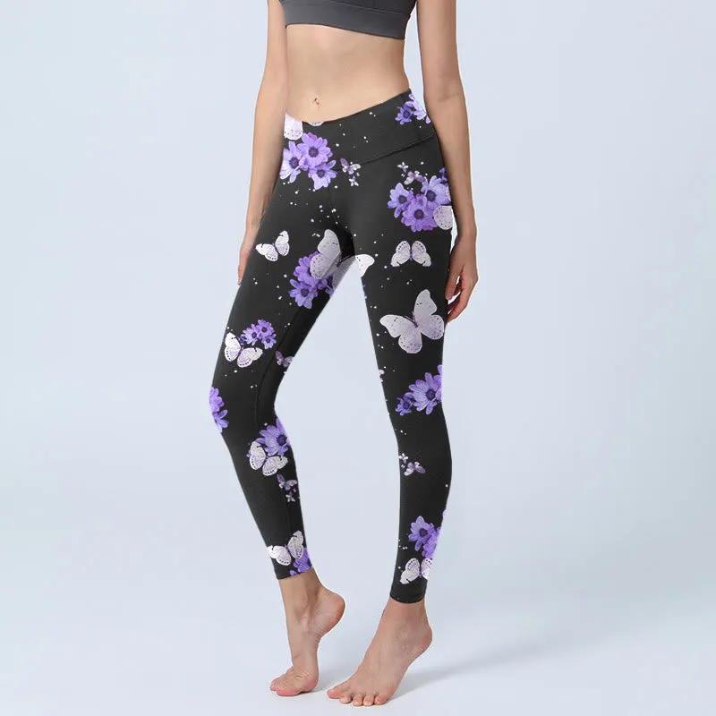 Buddha Stones Purple Floral Butterfly Print Exercise Leggings Women's Yoga Pants