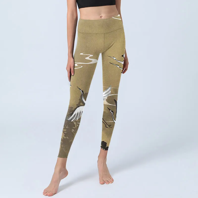 Buddha Stones Trees Cloud Red-crowned Crane Pattern Print Gym Leggings Women's Yoga Pants
