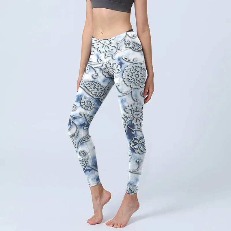 Buddha Stones White Round Flowers Print Exercise Leggings Women's Yoga Pants