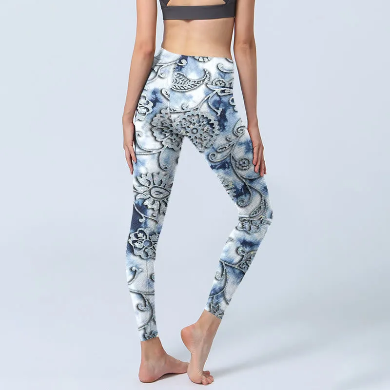 Buddha Stones White Round Flowers Print Exercise Leggings Women's Yoga Pants