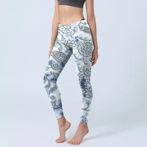 Buddha Stones White Round Flowers Print Exercise Leggings Women's Yoga Pants