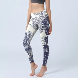 Buddha Stones White Stitching Flowers Leaves Birds Butterfly Pattern Print Gym Leggings Women's Yoga Pants