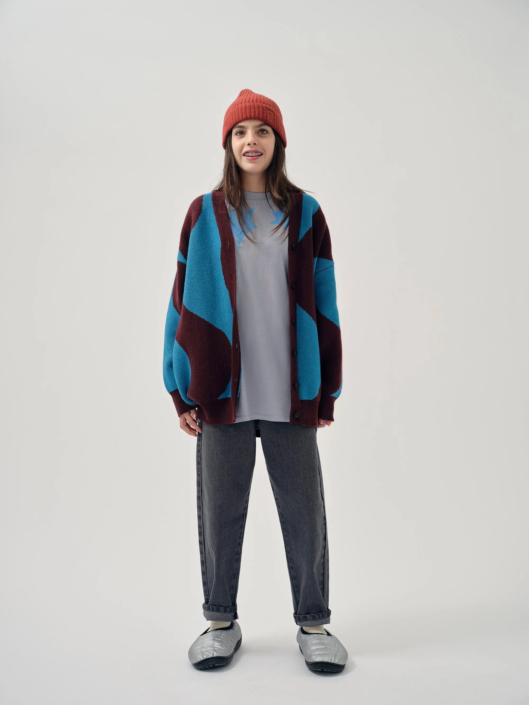 Burgundy Jacquard Knit Cardigan