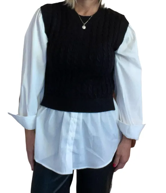 Cable Knit Mixed Media Top (Black)