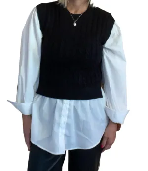 Cable Knit Mixed Media Top (Black)