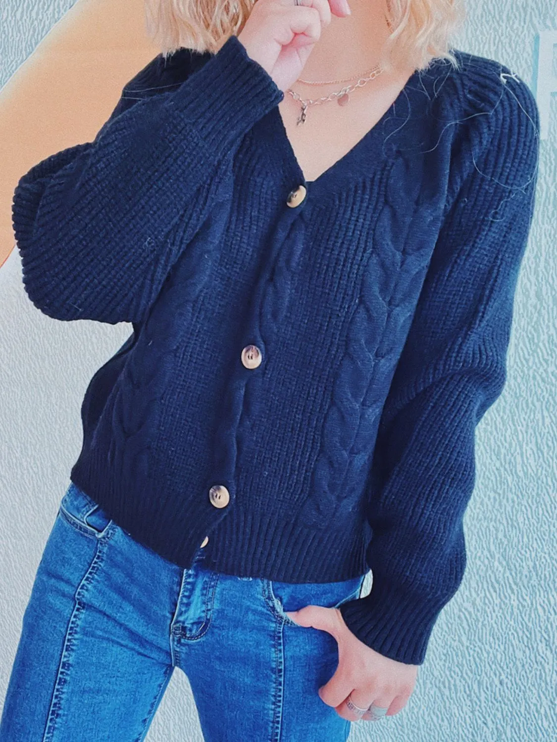 Cable-Knit V-Neck Cardigan with Button Closure and Long Sleeves