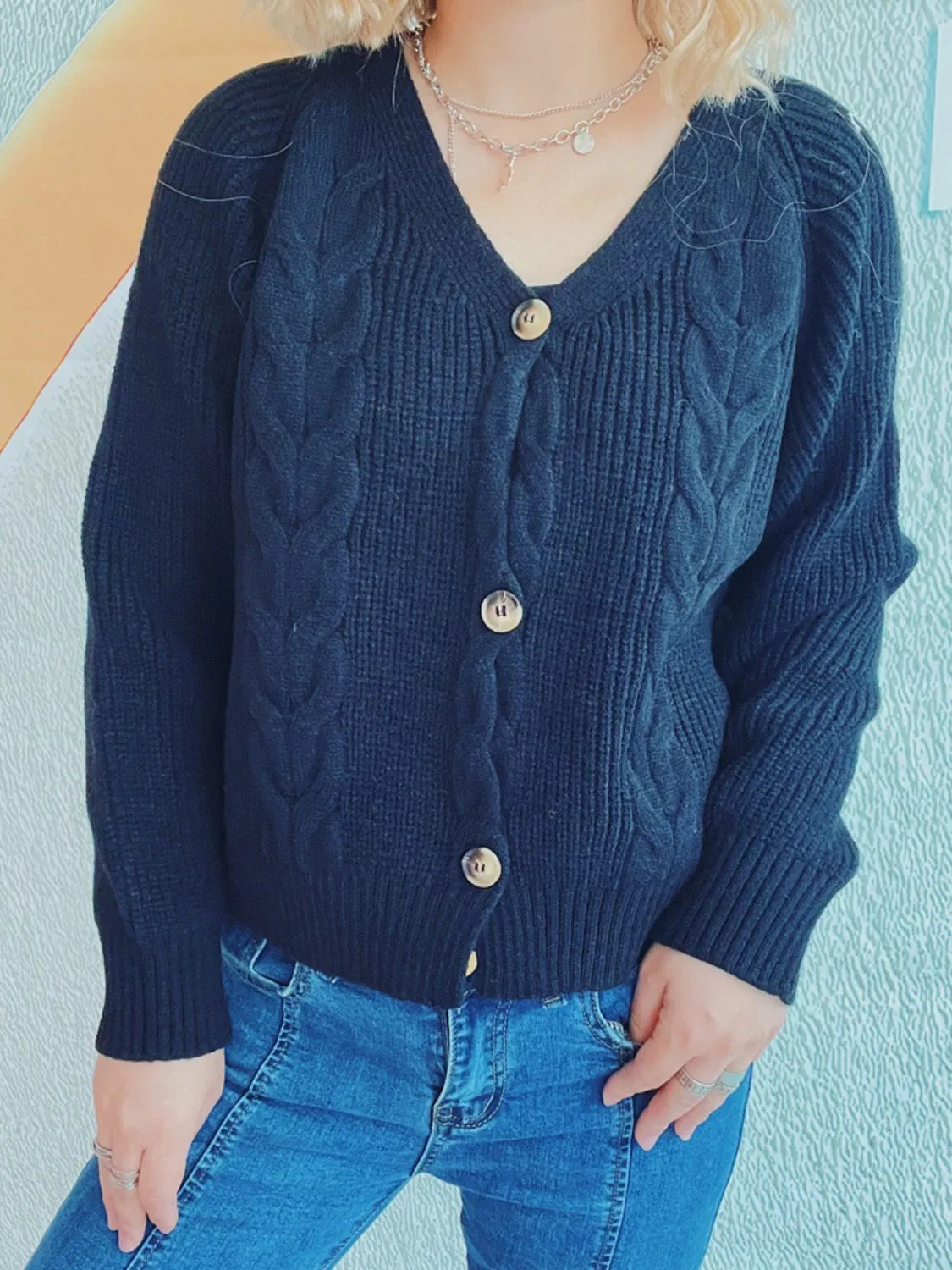 Cable-Knit V-Neck Cardigan with Button Closure and Long Sleeves