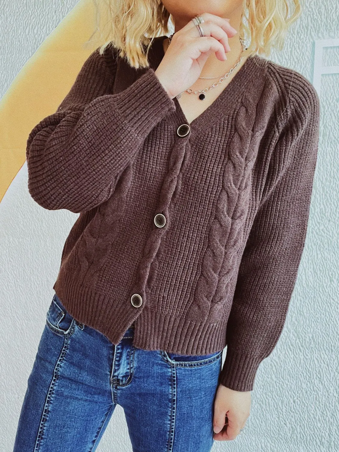 Cable-Knit V-Neck Cardigan with Button Closure and Long Sleeves