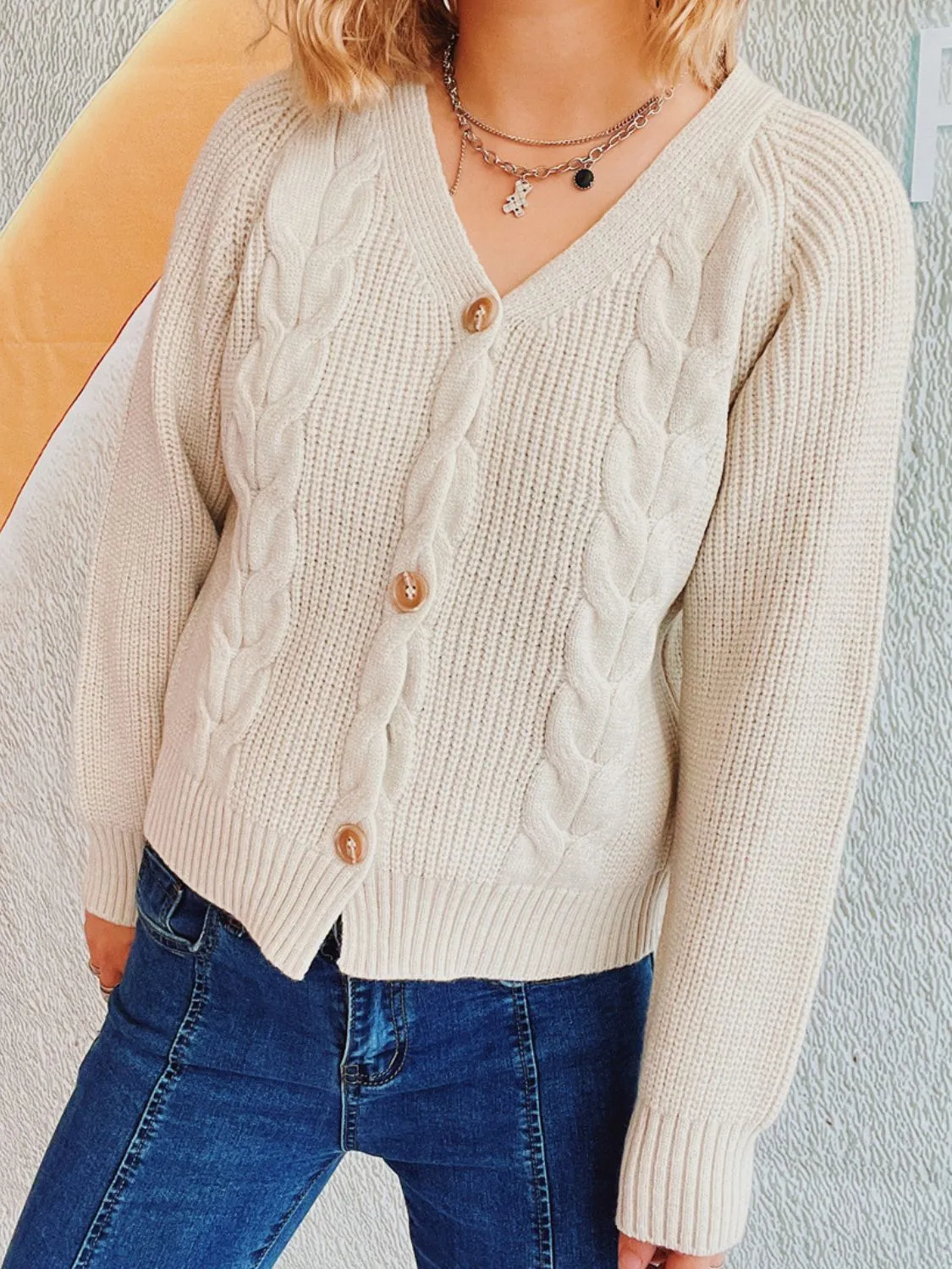 Cable-Knit V-Neck Cardigan with Button Closure and Long Sleeves