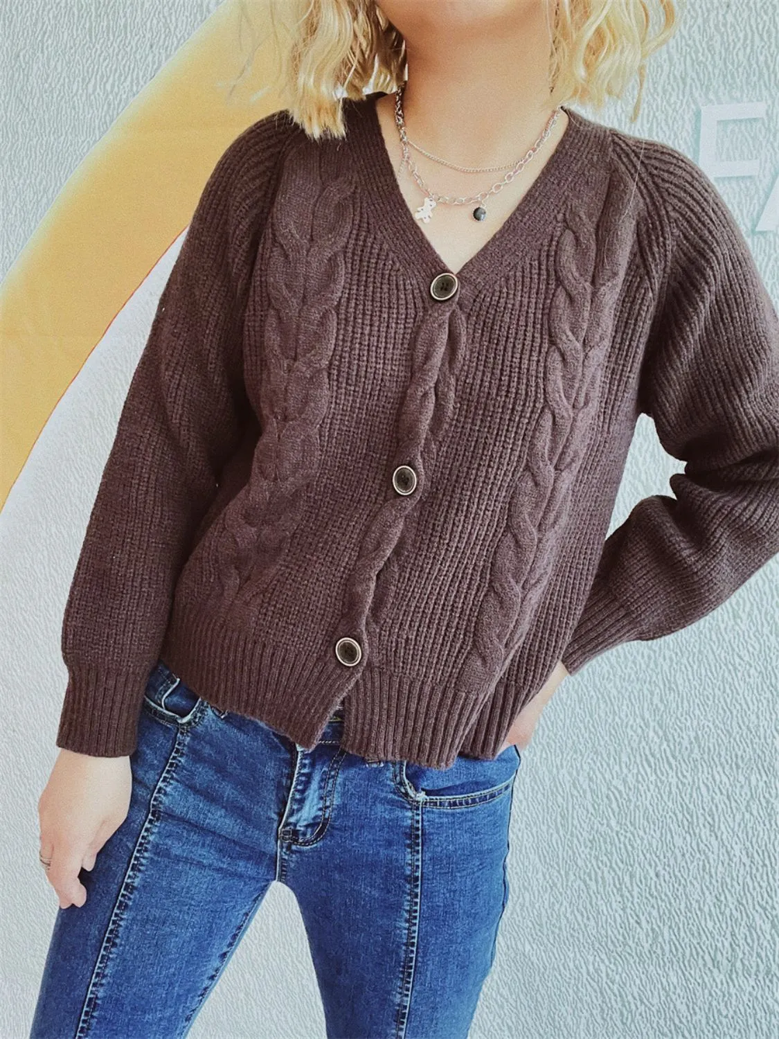 Cable-Knit V-Neck Cardigan with Button Closure and Long Sleeves