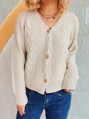 Cable-Knit V-Neck Cardigan with Button Closure and Long Sleeves