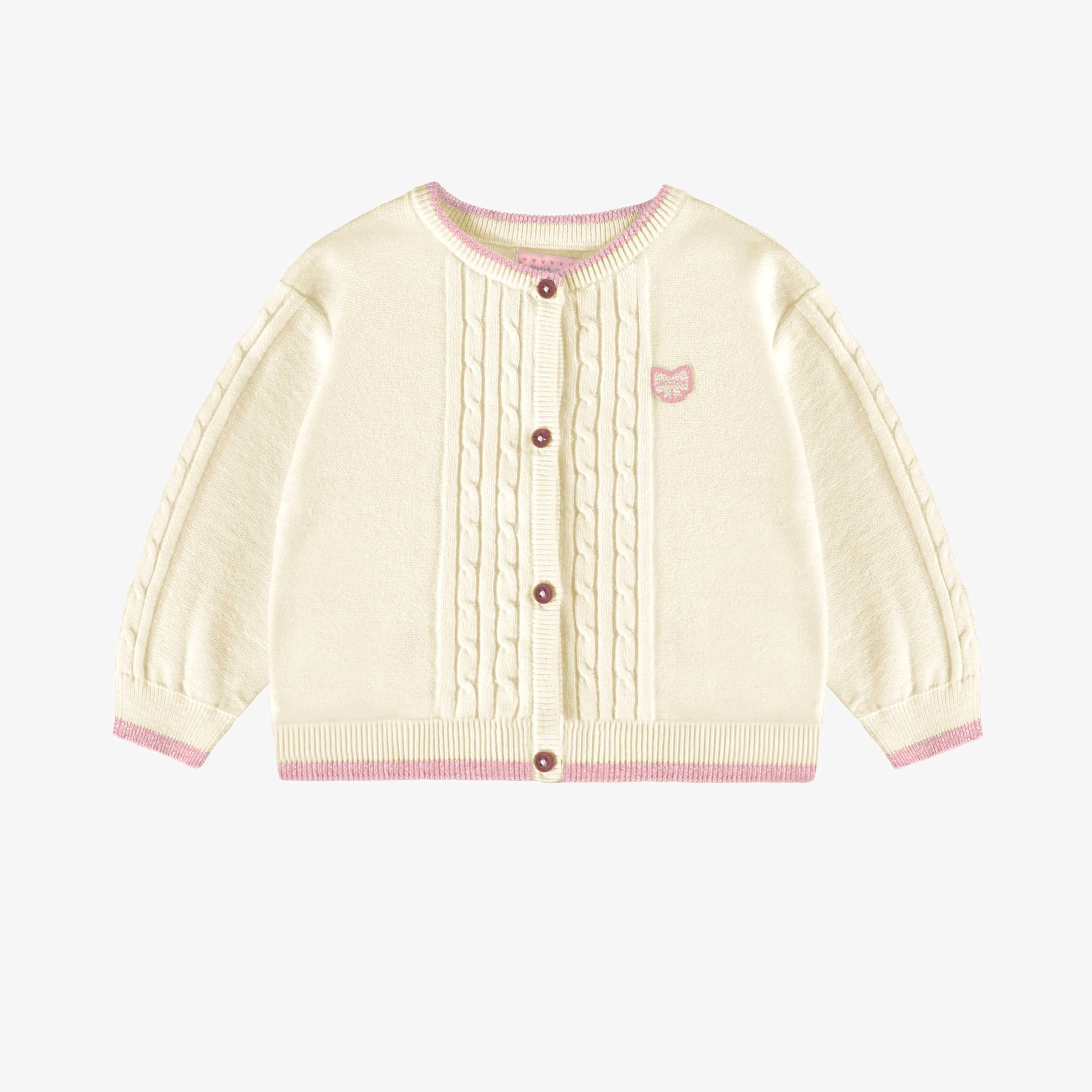 Cardigan en tricot crème avec torsades verticales, bébé || Cream knit cardigan with vertical twists, baby
