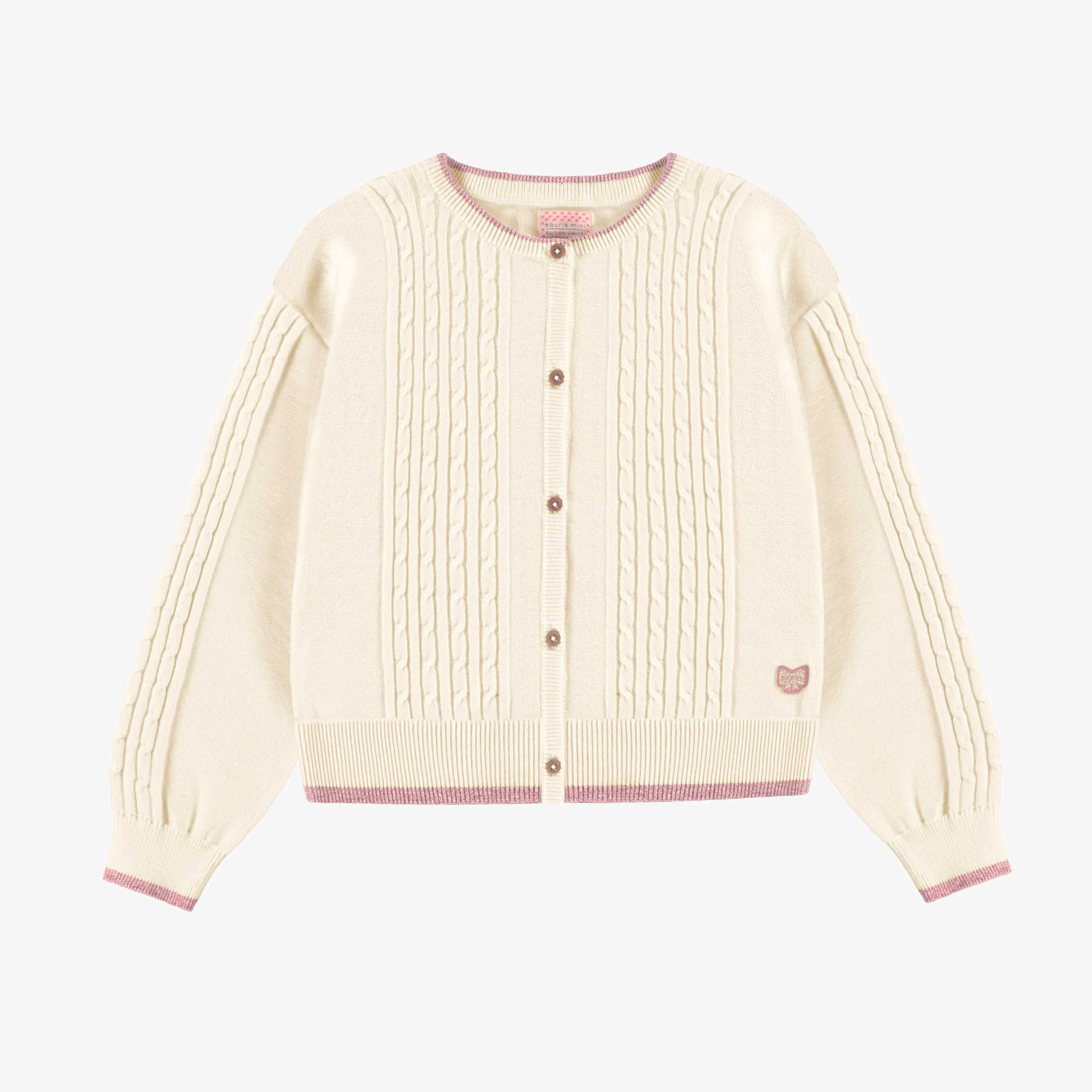 Cardigan en tricot crème avec torsades verticales, enfant || Cream knit cardigan with vertical twists, child