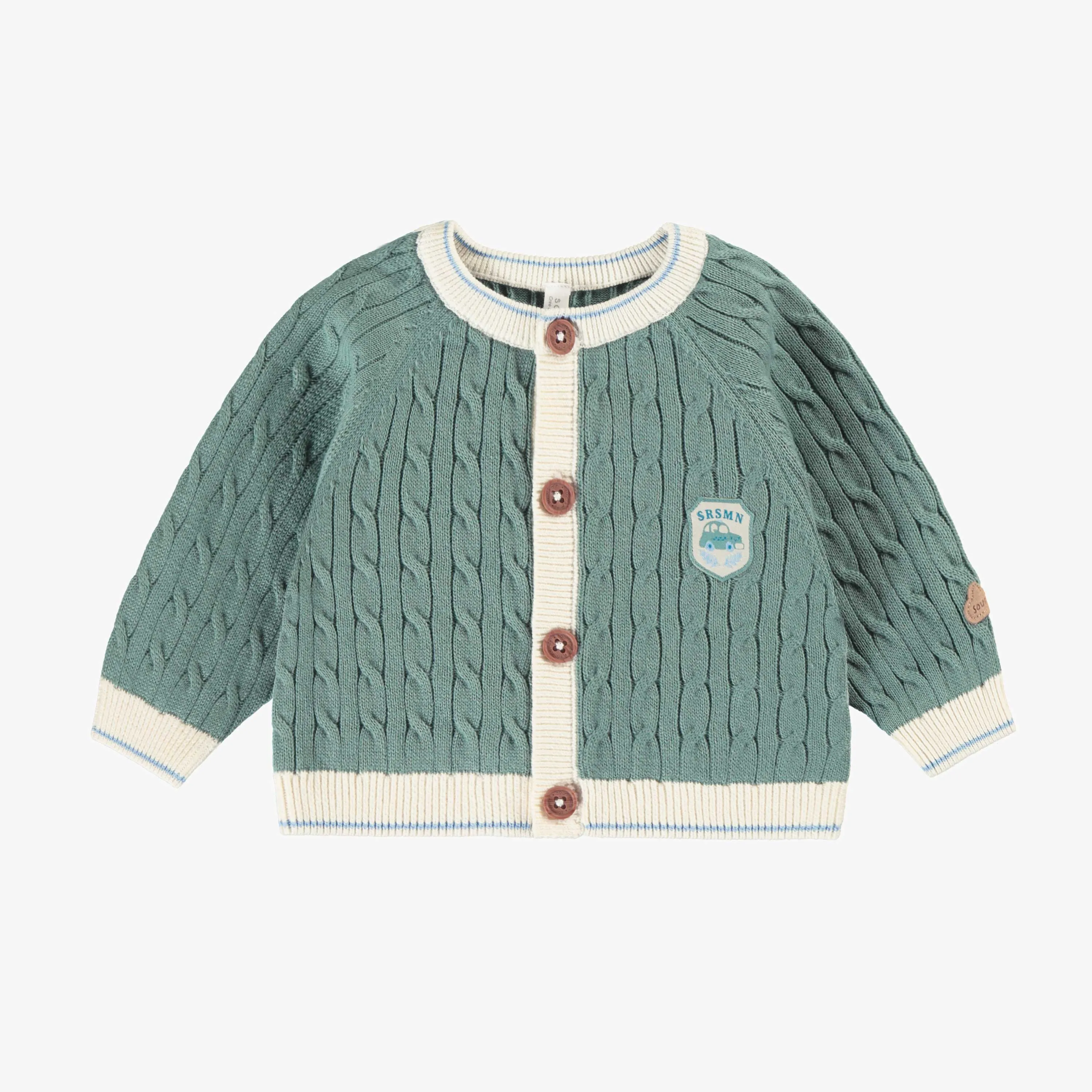 Cardigan en tricot turquoise cendré avec torsades verticales, naissance || Dusty turquoise knit cardigan with vertical twists, newborn
