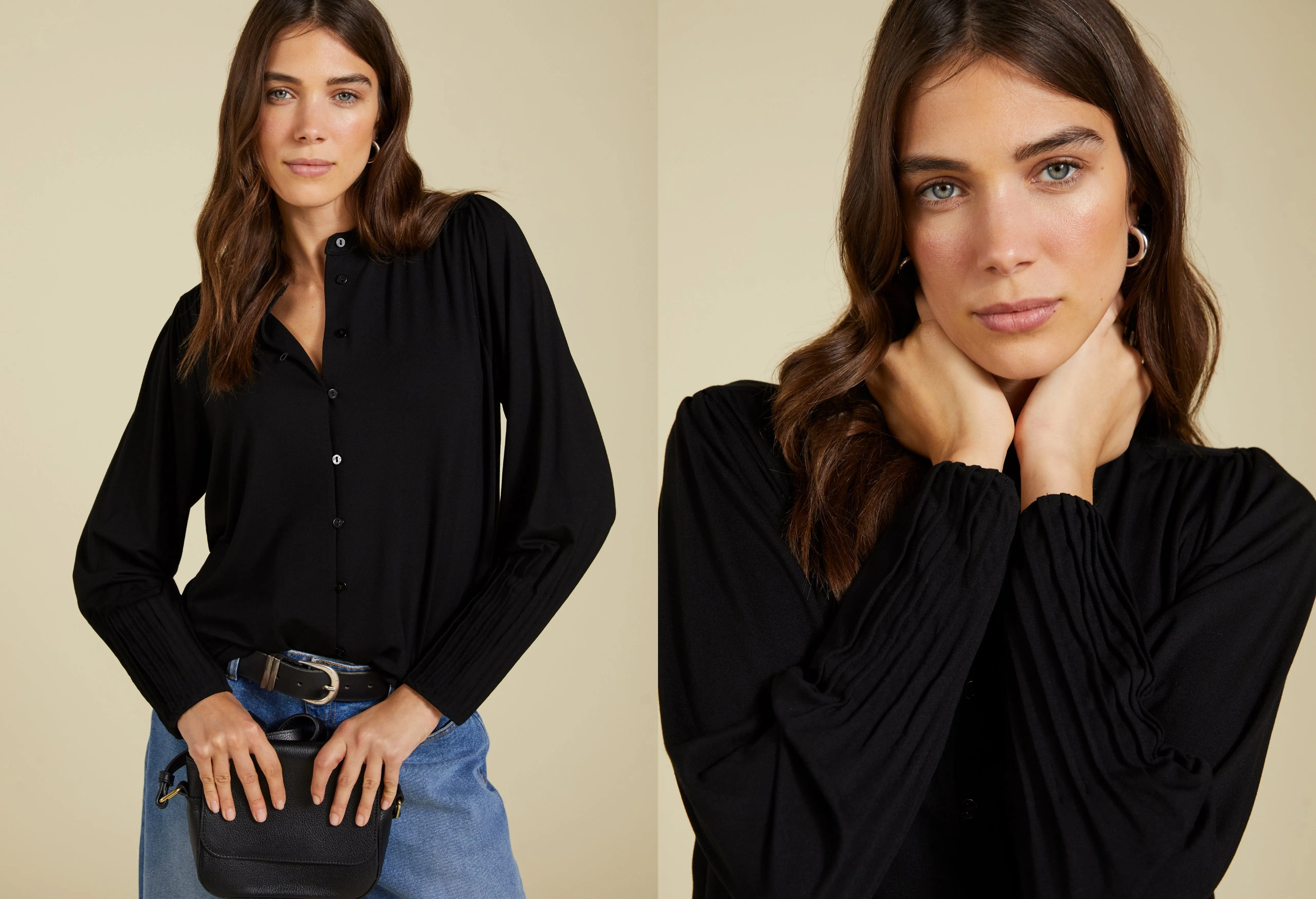 Caroline LENZING™ ECOVERO™ Button Detail Blouse | Caviar Black