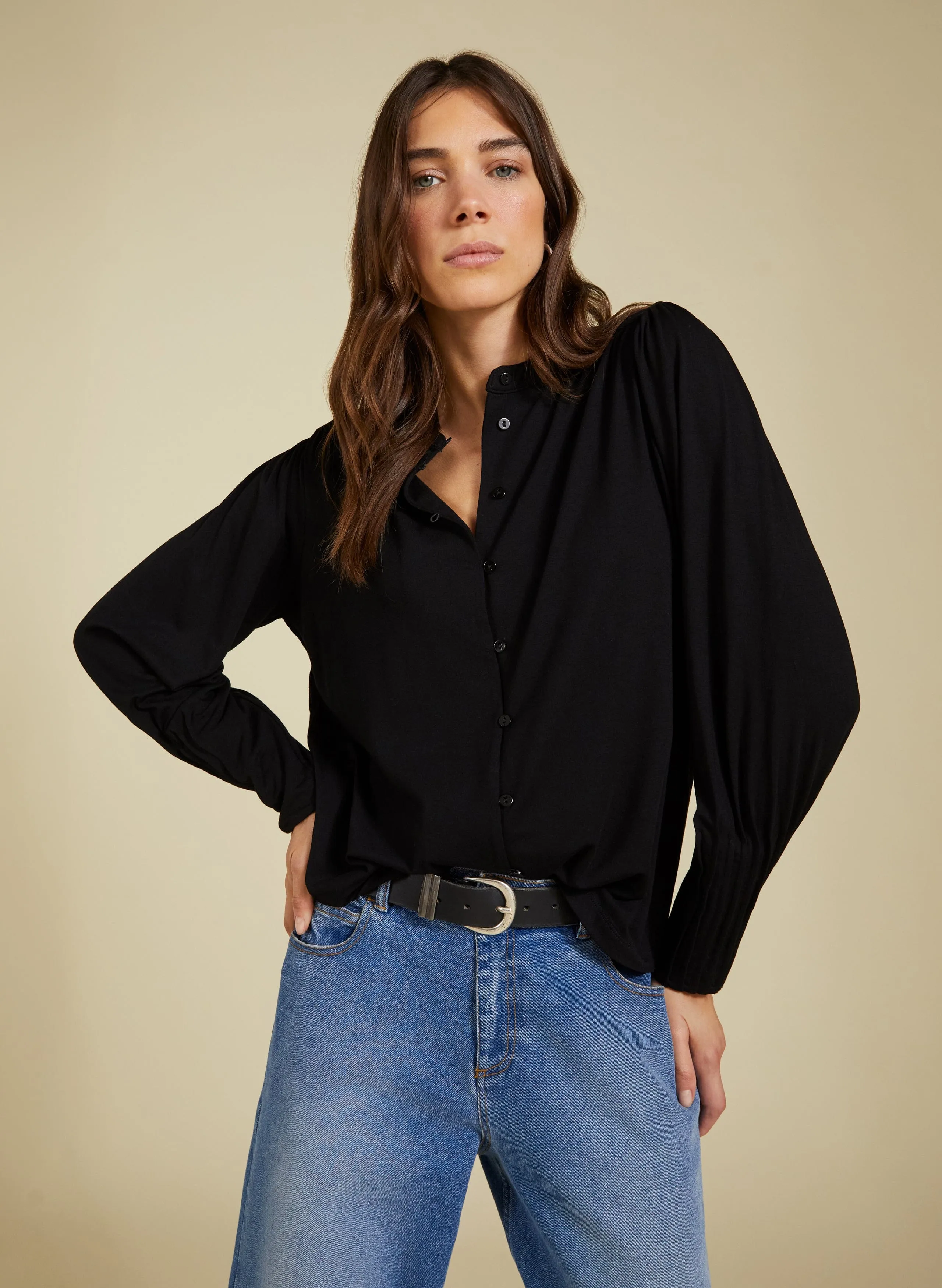Caroline LENZING™ ECOVERO™ Button Detail Blouse | Caviar Black