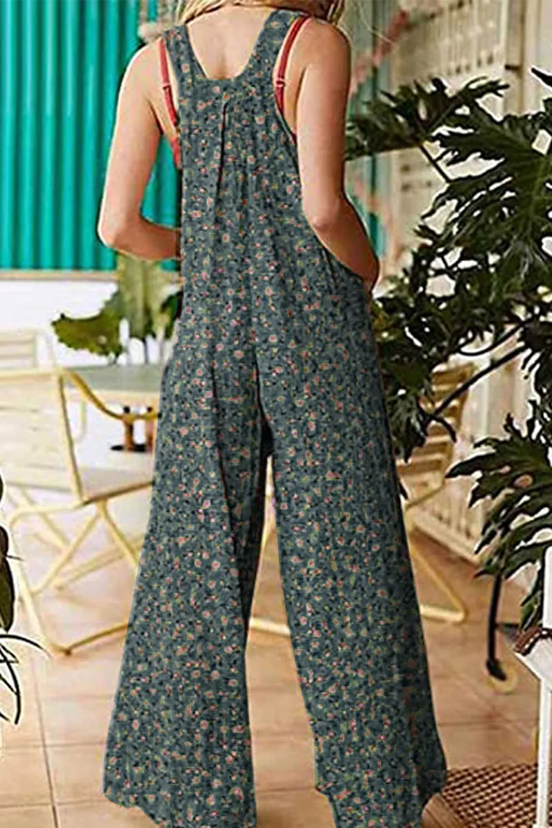 Casual Floral Pocket Square Collar Regular Jumpsuits