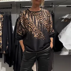 Casual Loose Round Neck Leopard Print Top