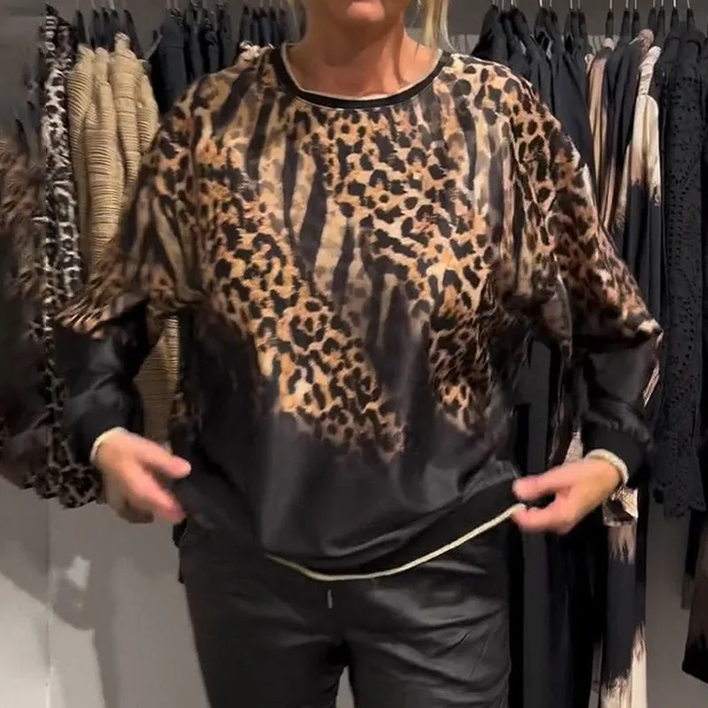 Casual Loose Round Neck Leopard Print Top