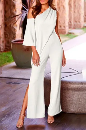 Casual Solid Asymmetrical Oblique Collar Loose Jumpsuits