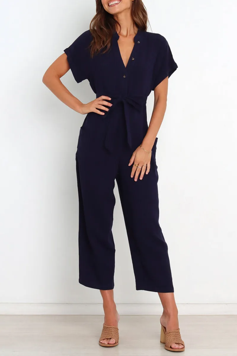 Casual Solid Bandage V Neck Straight Jumpsuits(3 Colors)