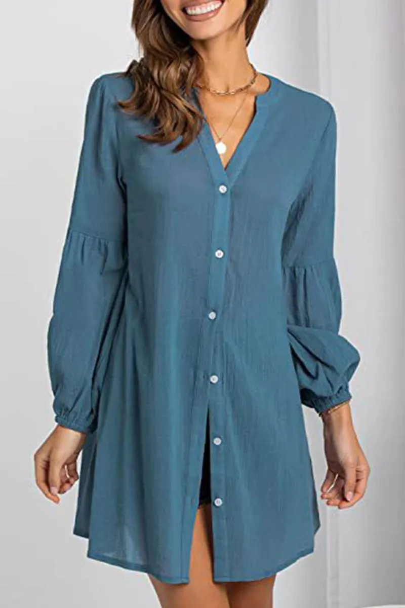 Casual Solid Buttons V Neck Blouses(3 Colors)