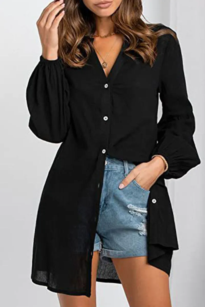 Casual Solid Buttons V Neck Blouses(3 Colors)
