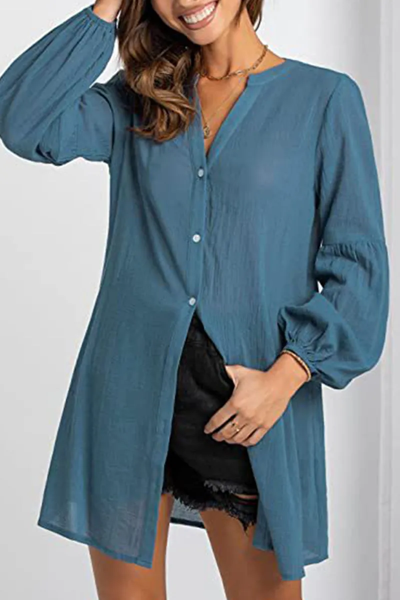 Casual Solid Buttons V Neck Blouses(3 Colors)