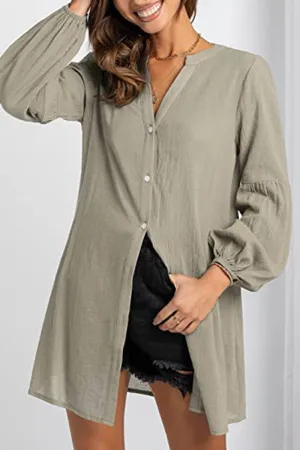 Casual Solid Buttons V Neck Blouses(3 Colors)