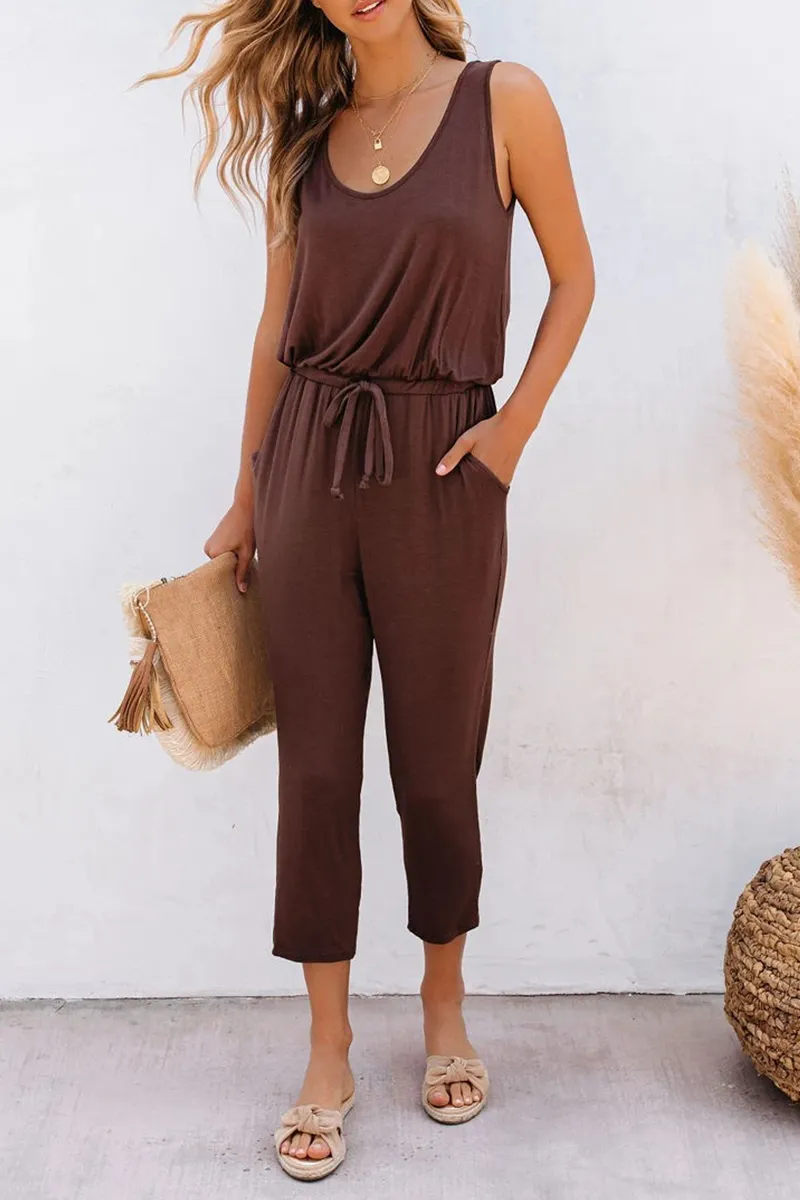 Casual Solid Patchwork U Neck Regular Jumpsuits(4 Colors)