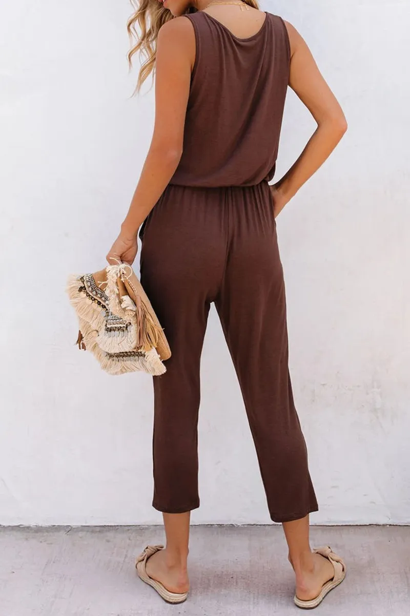 Casual Solid Patchwork U Neck Regular Jumpsuits(4 Colors)