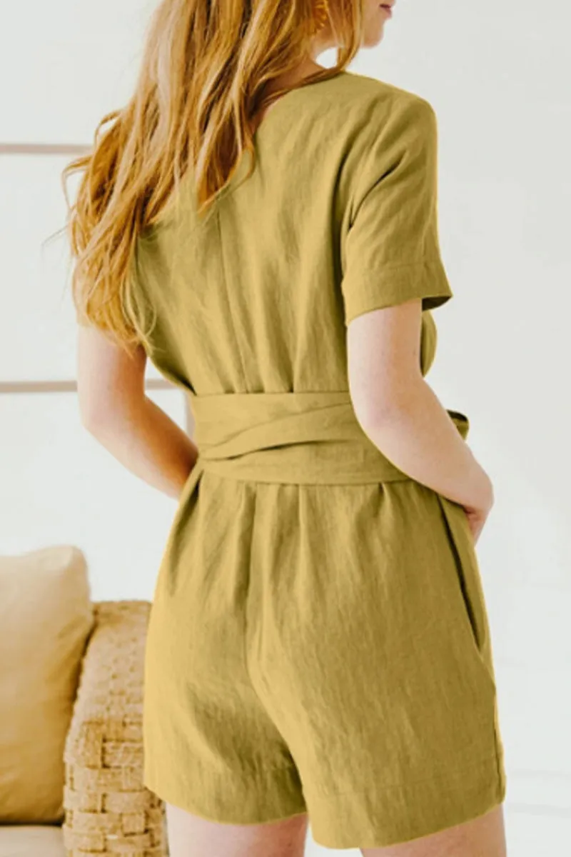 Casual Solid Pocket Frenulum O Neck Regular Jumpsuits
